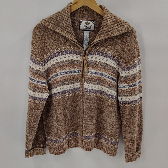 Tiara International Zip Up Sweater Size Large Large Collar Fair Isle Long Sleeve - Picture 1 of 5